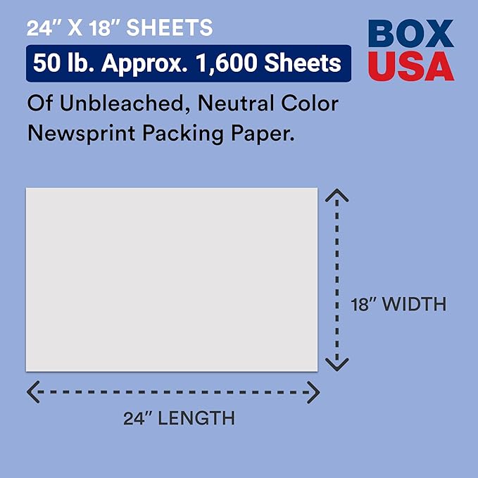 BOX USA Newsprint Packing Paper Sheets 1,600 Sheets (50 lbs.) Pre-Cut 24" x 18" Large Packing Paper Sheets for Moving, Shipping & Storage, Perfect Moving Supplies