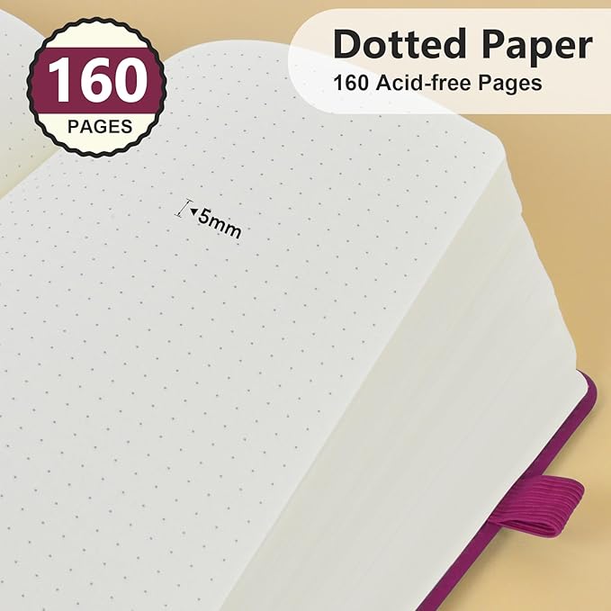 PERCUN Dotted Journal Notebook for Men & Women, 160 Pages Dot Grid notebook for Note Taking, Bullet Journaling Notebook for Work, School, Travel, Writing,A5 Hardcover 5.9" x 8.5" (Burgundy)