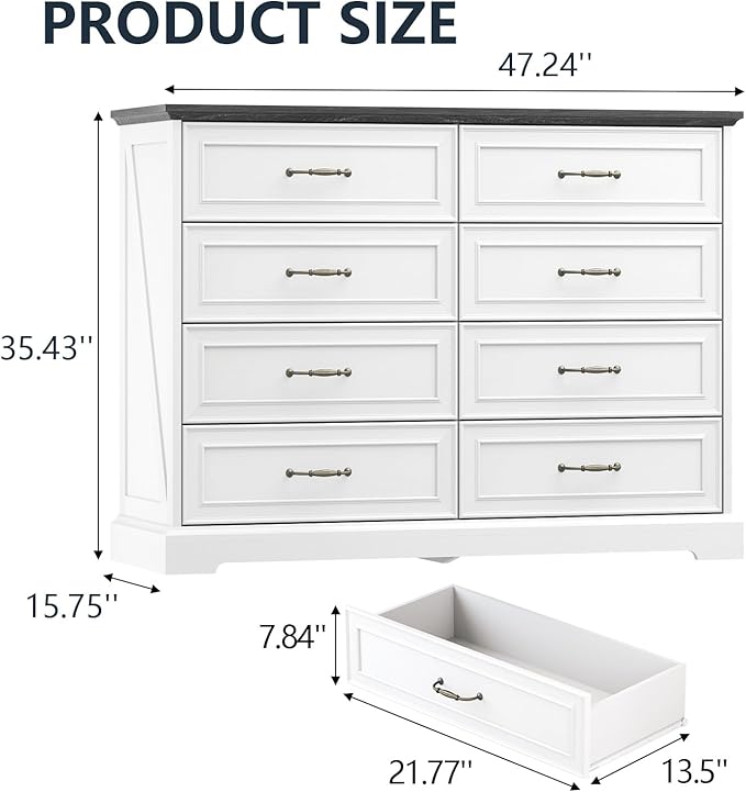 8 Drawer Dresser for Bedroom, 47" Wide Wooden Chest of Drawers, Rustic Farmhouse Dresser with Large Drawers & Metal Handles, Modern Storage Organizer for Closet, Living Room, Hallway, White