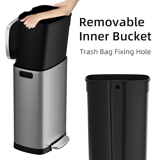 KUK 13 Gallon/50L Stainless Steel Kitchen Trash Can with Lid and Step Pedal-Large Capacity Garbage Bin with Odor Seal, Silent Close Lid, Removable Inner Bucket, Titanium Silver
