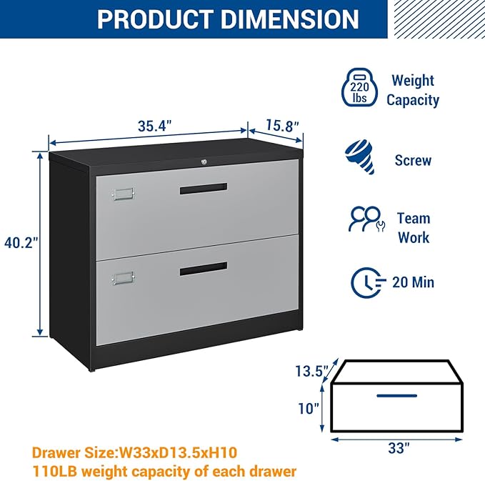 2 Drawer Lateral File Cabinet with Lock, Metal Steel Filling Cabinets for Home Office, Lockable Storage Cabinet for Hanging Files Letter/Legal/F4/A4 Size-Assembly Required