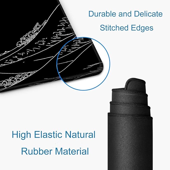 Large Mouse Pad Gaming, Extended Mousepad with Stitched Edges, Non-Slip Rubber Base Keyboard Desk Mat Mouse Pads for Work, Game, Office, Home, 31.5 x 11.8 in, Black Wave of Kanagawa