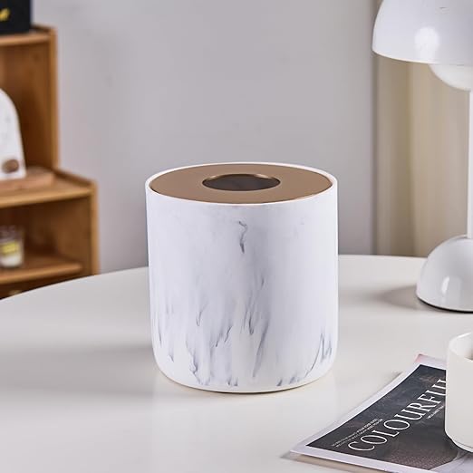 White Marble Textural Mini Trash Can with Rose Gold Stainless Steel Lid, Small Countertop Trash Can for Bathroom Kitchen,Desk Trash Can,Table top Mini Garbage Cans,Resin Tiny Waste Basket for Vanity