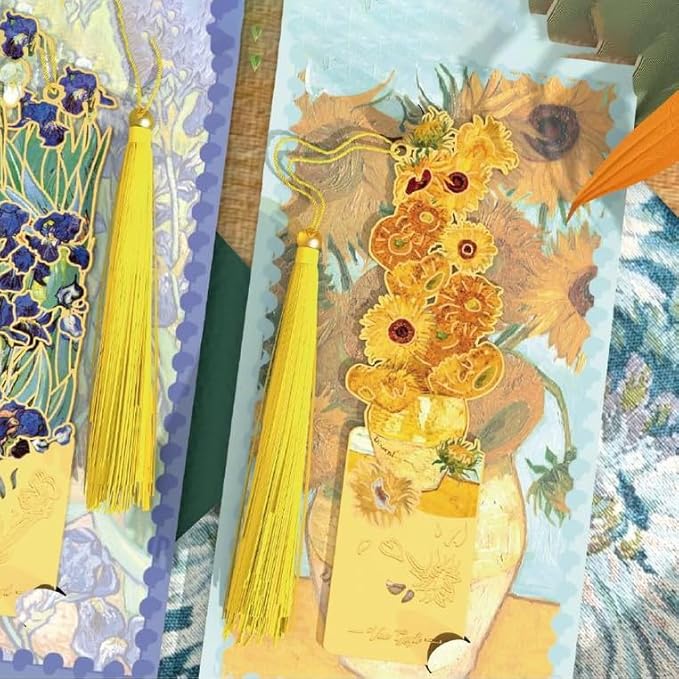 Metal Bookmarks, 4 Pack Floral Design with Tassels, 4.5 x 1.1 inches, Yellow Vintage Art Book Accessories Bookmark for Readers