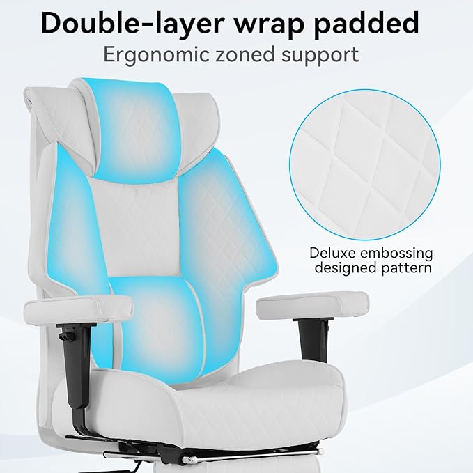 Big and Tall Office Chair with Footrest, PU Leather High Back Executive Office Chair 400lbs, Ergonomic Computer Chairs Lumbar Support for Heavy People (White)