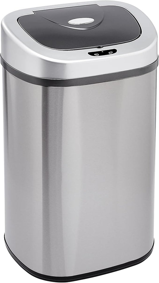 Amazon Basics Automatic Trash Can with Lid, Hands-Free, Stainless Steel, D-Shaped 80 l, 2 Bins