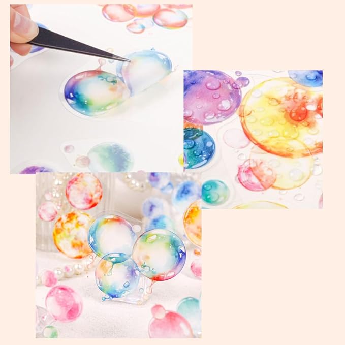 90 Pieces Exquisite Dreamy Bubble PET Sticker Set, Aesthetic Decorative Coloful Bubble Stickers for Scrapbooking, Journaling, Waterproof DIY Crafts, and Junk Journal Supplies