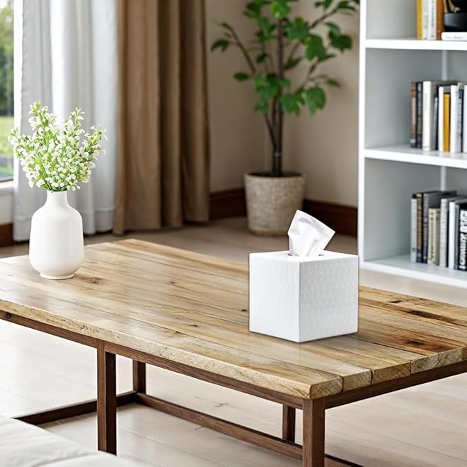 Monarch Abode Hand Hammered Tissue Box Cover Square, White Tissue Holder for Bathroom, Square Metal Dresser Accessories for Home, Decorative Tissue Box Holder, Classic White Handcrafted Tissue Cover