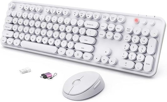 Wireless Keyboard and Mouse Combo, Ergonomic Full Size Typewriter Retro Round Keycaps Keyboard, Compatible with Windows, PC, Perfer for Home and Office Keyboards（White）