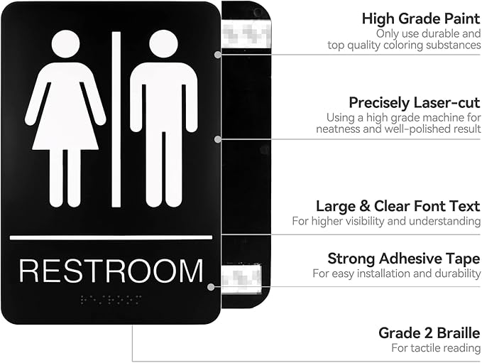 Self-Adhesive Business Restroom Sign, ADA Compliant Braille Unisex Bathroom Sign, Size: 9" X 6" (Unisex)