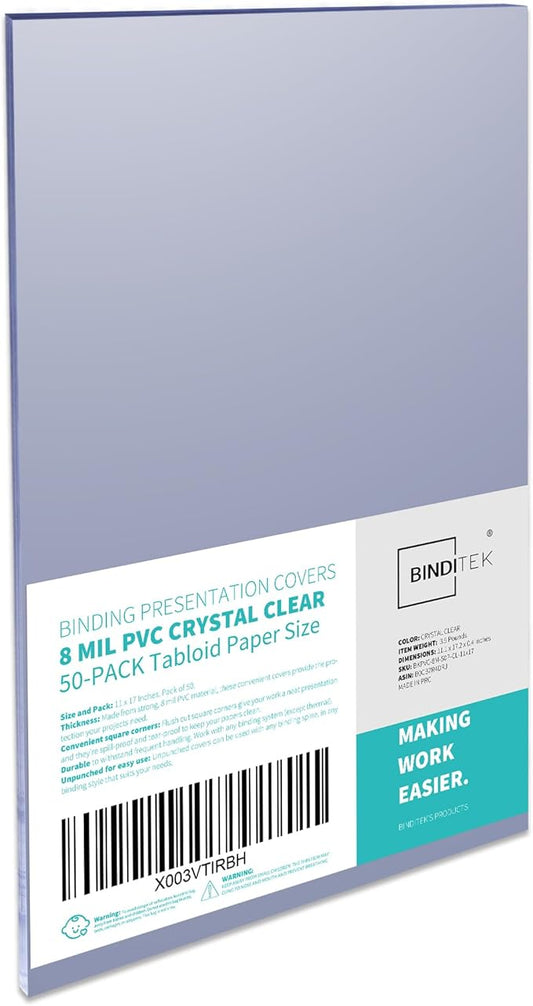 Binditek 50 Pack 8 Mil PVC Clear Binding Presentation Covers, 11 x 17 Inches, Tabloid Size, Square Corners, Un-Punched, Office School Supplies