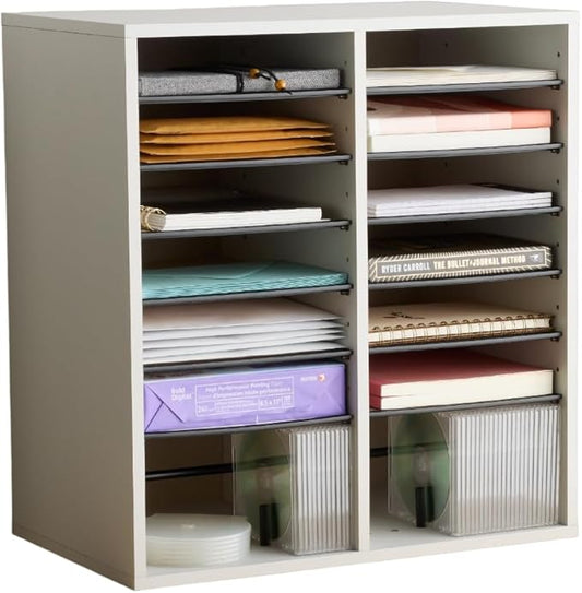 Safco 9422GR Wood Adjustable Literature & Paper Organizer, 16 Adjustable Compratment, Stackable Durable Construction, Home, Office, Mailroom, Classroom Mailbox , Gray