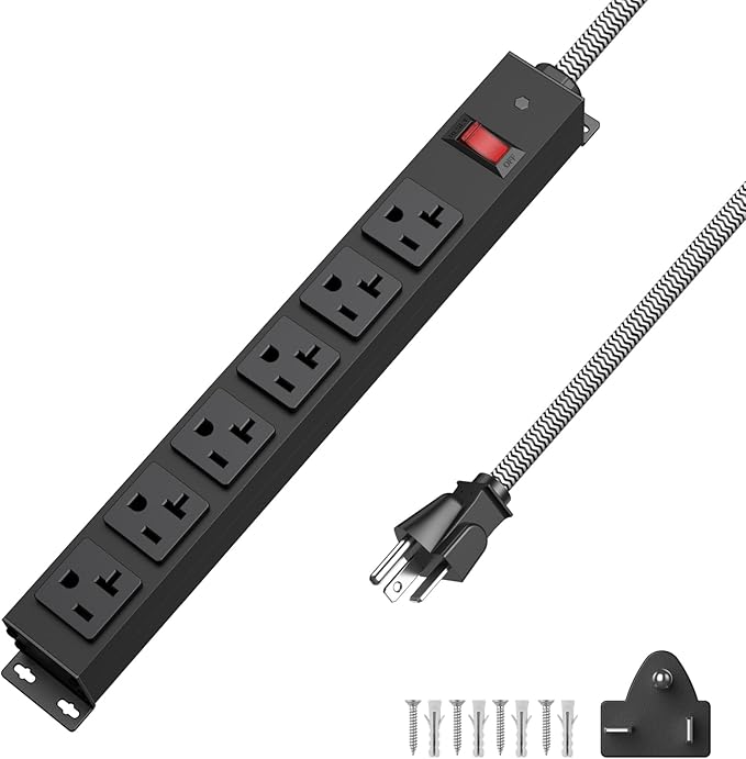 HEZI 20 Amp Power Strip with 5-20P/T- Plug, Heavy Duty High Amp Metal Surge Protector, Mountable Industrial Power Strip with 6AC Outlets(5-20R) and Circuit Breaker, 6FT 12AWG Extension Cord