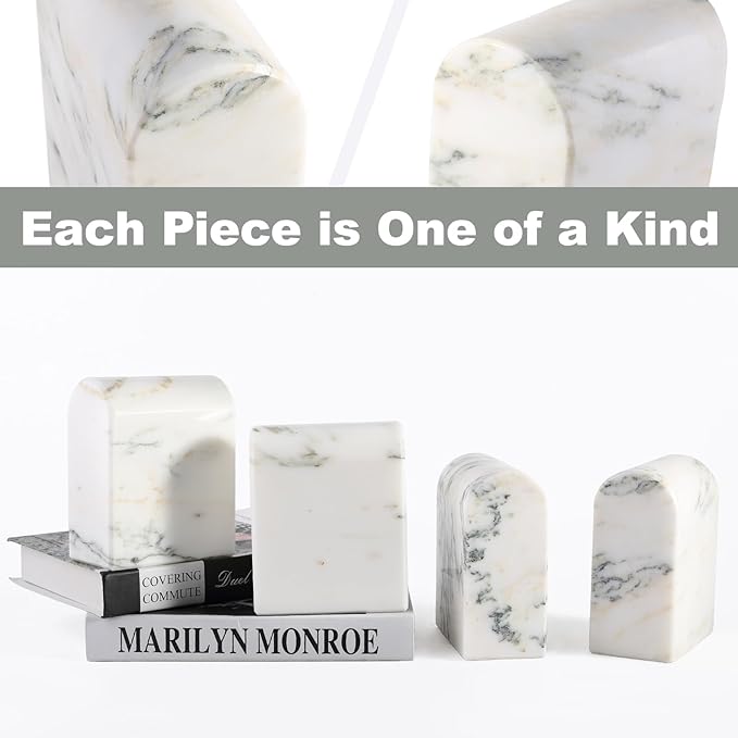 Koville Natural Marble Bookends for Shelves, 13LBS Ultra Heavy Duty Marble Book Holders Organizer, Non-Slip Book Ends, Apartment Decor for Movies/CDs/Video Games