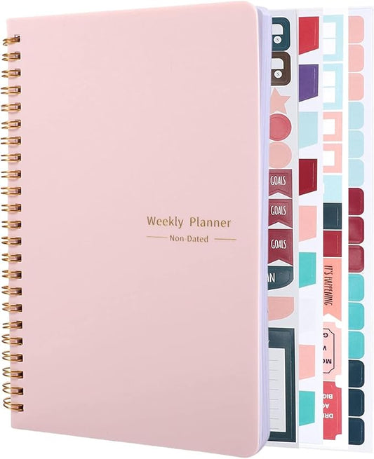 Undated Weekly Planner with Habit Tracker, 52 Weeks To Do List Notebook A5 Weekly Goal Planner with Spiral Binding & Stickers Home Work School Supplies for Women Girls 8.2" x 5.7" - Pink