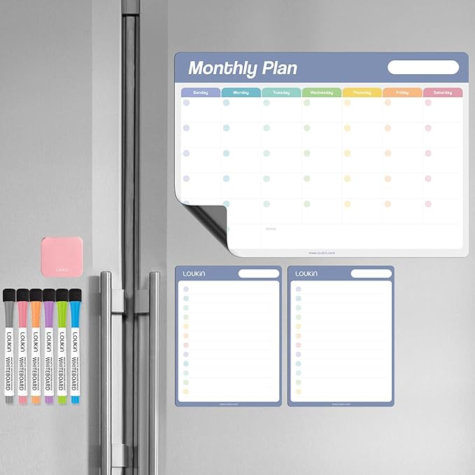 Loukin Dry Erase Calendar Set, Monthly Planner and Checklist, Electrostatic Adsorption Reusable Whiteboard for Office Classroom Refrigerator, Clings to Any Shiny Surface, 6 Markers&1 Eraser Included