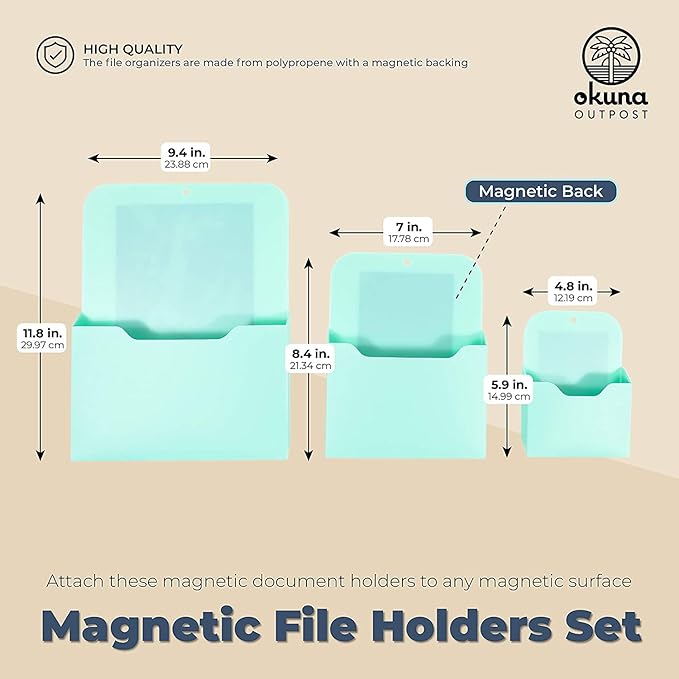 Okuna Outpost Locker Accessories Magnetic File & Bill Holder - Mint, 3-Pack - Refrigerator Magnet File Organizer & Mail Holder - Locker Storage & Wall Folder - Magnetic Pen & Receipt Pocket