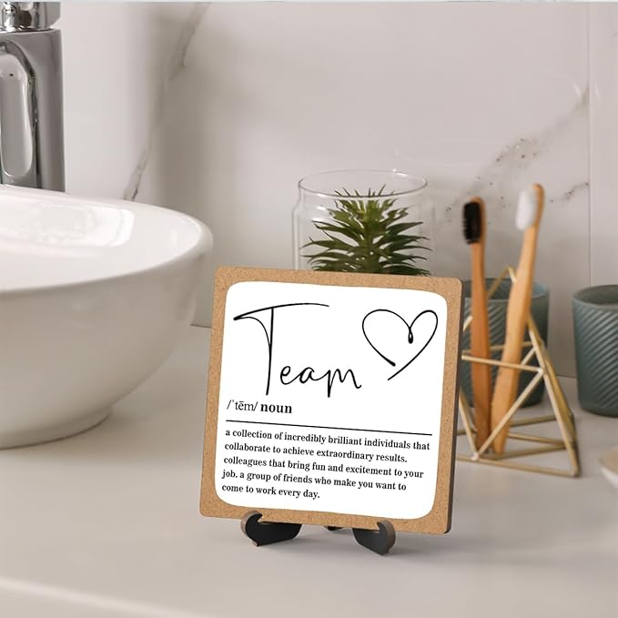 Wooden Table Sign Gift Team Definition Desk Decor Wood Plaque With Stand Team Gift for Boss Employees Women Best Mom Coworker Office(Brown)-A15