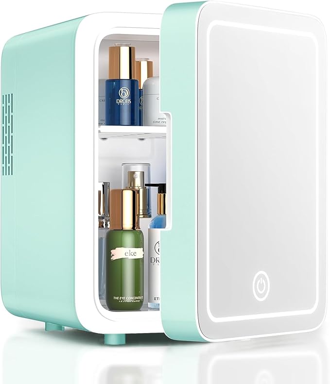 Skincare Fridge With Dimmable LED Light Mirror, 4L Mini Fridge For Desktop, Travel or Cool & Heat, Makeup Fridge for Cosmetics, Skin Care and Food, Green