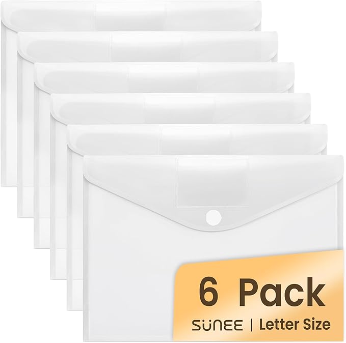 SUNEE 6 Pack Plastic Envelopes, Clear Folders for Document for A4 Letter Size, Poly File Folders with Label Pockets for School Home Office Organizer Work Supplies