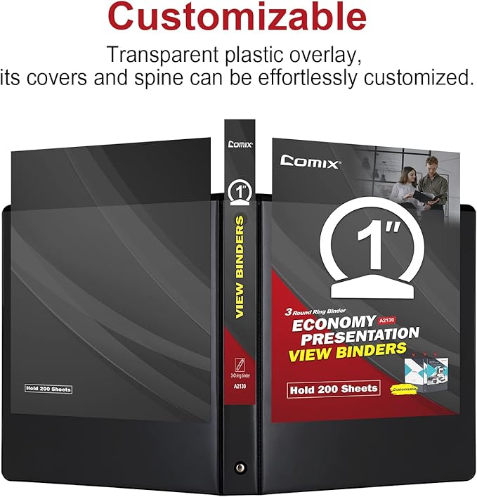 COMIX Sturdy 3 Ring Binder 1 inch with Clear View Cover, 1" Round Ring View Binder, PVC-Free, 200 Sheets Capacity of US Letter Size Paper, Office ＆ School Supplies, 6 Pack (Black)