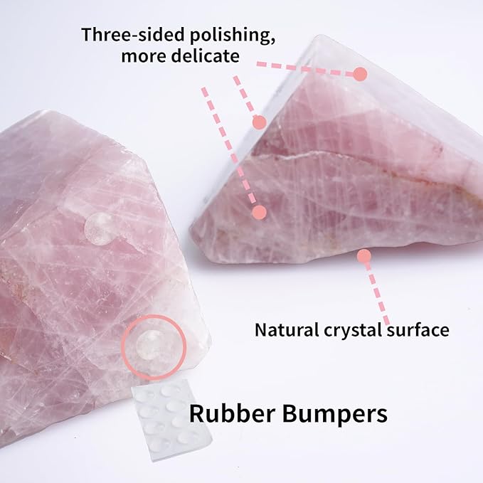 Natural Rose Quartz Bookends with Rubber Feet 4-5Lbs Heavy Duty Non-Slip Crystal Bookends 1 Pair | Raw & Polished Stone | Healing Office Decor Gift