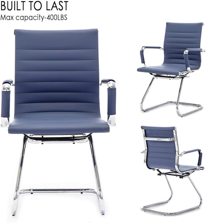 Office Desk Chair No Wheels Set of 4 PU Leather Computer Chairs Mid Back Guest Chairs for School Reception Conference Waiting Room, Navy Blue