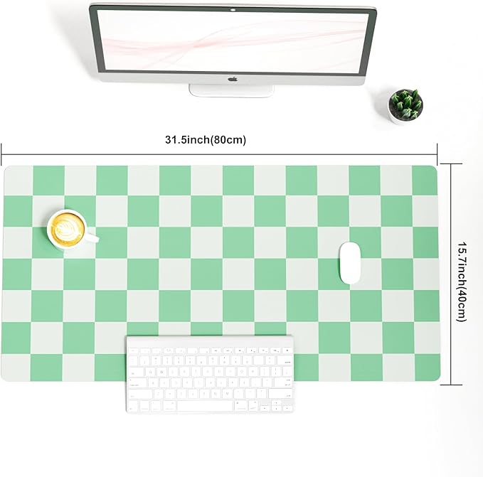 Colorful Star Large Mouse Pad, PU Leather Waterproof Desk Mat, Computer Gaming Mouse Pad, XXL Full Table Mousepad Non Slip Desk Pad for School Office Home 31.5" x 15.7" - Green Checkerboard