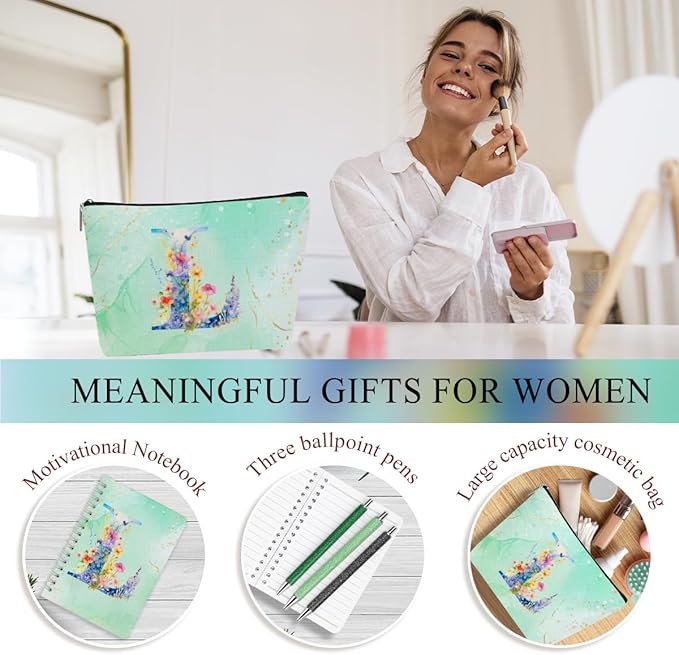 Personalized Gifts Monogrammed Birthday Gifts for Women, Mama New Mom Thanksgiving Wedding Christmas Initial 20 oz Tumbler, Makeup Bag Cup Pens Journal Notebook 6 Set, (Aesthetic Green Flower L)