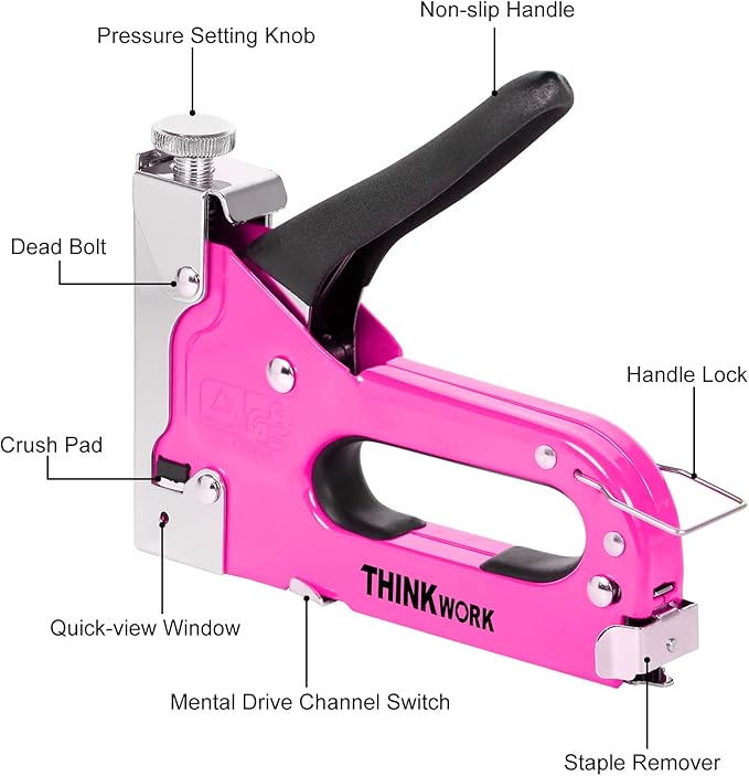 THINKWORK Heavy Duty Staple Gun, 3 in 1 Pink Staple Gun for Upholstery with 900 Staples, Nail Gun for Wood, Cable, Fabric, Wall, Material Repair, DIY Manual Stapler