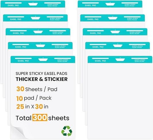 OLenyer Super Sticky Easel Pad, 25x 30IN, Large Self Stick Flip Chart Paper for Office School Classroom Supplies, 30 Sheets/Pad, 10 Pads/Pack, White