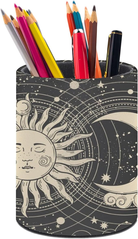 Tarot Celestial Bohemian Pen Holder Pencil Organizer Cute Pencil Cup Desk Decor Makeup Brush Holder PU Multifunctional Office Suppliesfor Home Classroom School