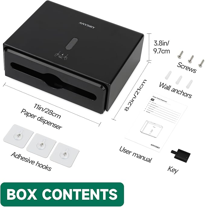 Wall-Mounted Paper Towel Dispenser – Fits Tri-Fold Towels up to 10x3.1 Inches, Holds 200 Sheets, Ideal for Home & Commercial Use (Black)