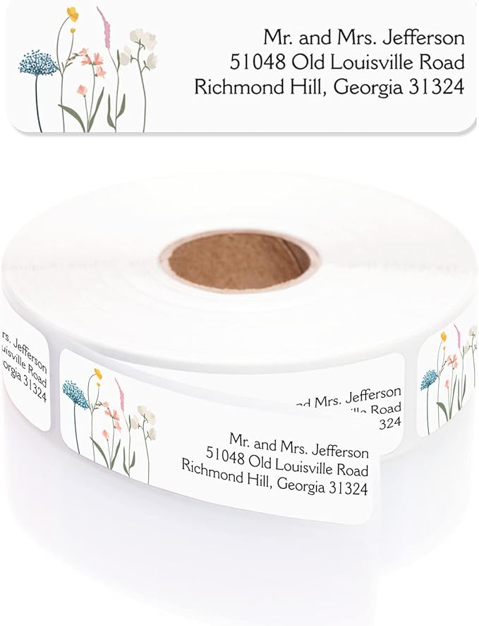 Wildflower Rolled Address Labels / 500 Personalized Return Address Labels/Designer Address Stickers in Elegant Plastic Dispenser