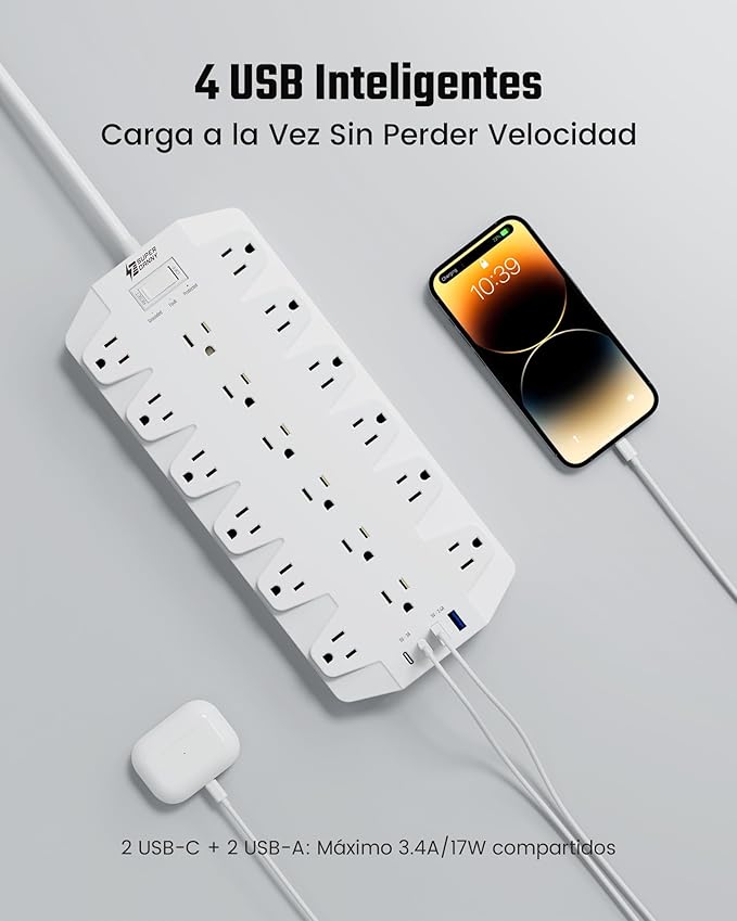 Power Strip Surge Protector, SUPERDANNY 18 Outlets with 2 USB C + 2 USB A Ports, 1875W/15A, 2100J, 6.5FT Flat Plug Heavy Duty Extension Cord with Multiple Outlets for Home, Office, Dorm, White