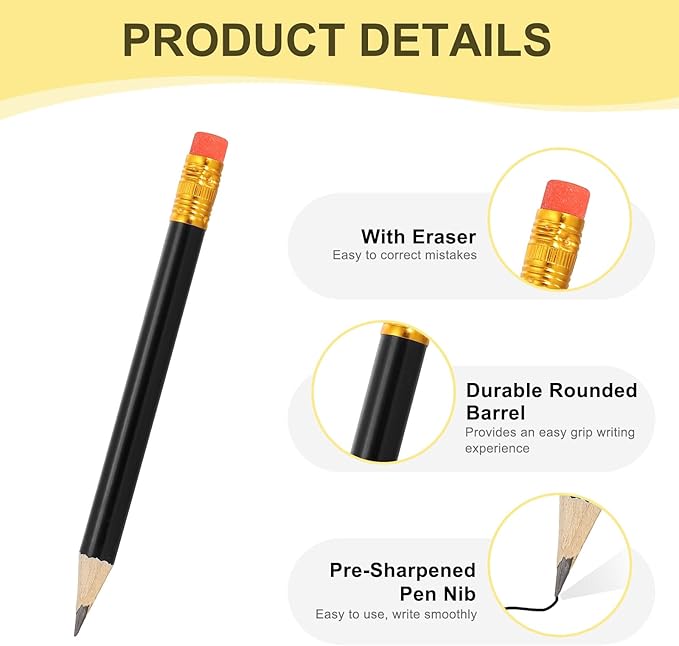 MECCANIXITY Golf Pencils with Erasers, 4" HB Mini Half Pencils Pre Sharpened Small Pens for Wedding Bridal Shower Game Office Writing Drawing(Black, Pack of 20)