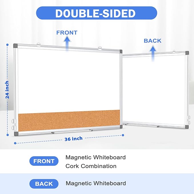 Whiteboard Cork Board Combo for Wall, WALGLASS 36" x 24" Double-Sided Large Dry Erase Whiteboard Corkboard Combination, Hanging Wall Mount Bulletin Board with Aluminum Frame for Office, Home, School