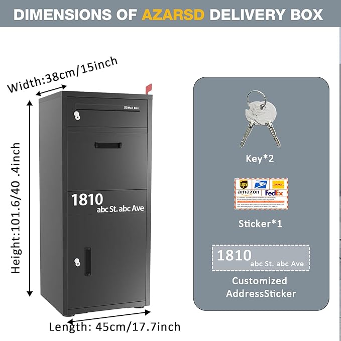 Package Delivery Boxes for Outside, Large Parcel Drop Boxes with Lock, Customize Address Stickers Package Drop Boxes for Outside is Waterproof,Package Delivery Box for Porch (Black，40"*17.7"*15 in)