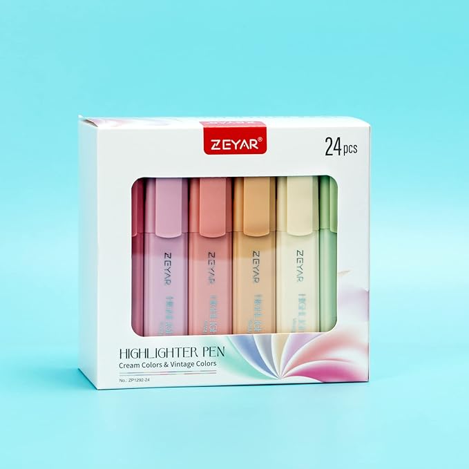 ZEYAR Highlighter Pen, Cream Colors Chisel Tip Markers, Water Based, Quick Dry, No Bleed, for Bible Study Notes School Office (24 Fulls Colors)
