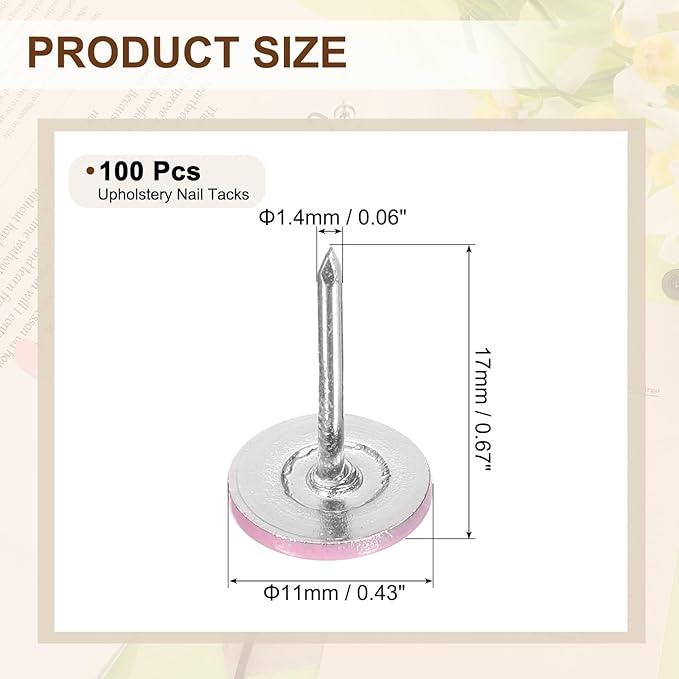 uxcell 100Pcs Upholstery Tacks, 11mmx17mm Flat Head Thumb Tack Decorative Furniture Nails Push Pins for Furniture Sofa Headboards, Pink