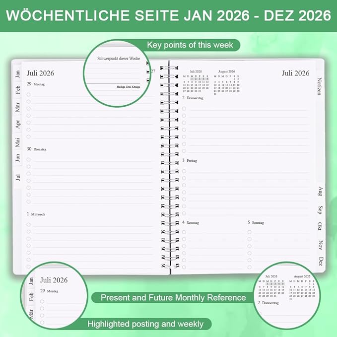 2026 Planner - Monthly Planner Runs January 2026 to December 2026, 6.25" x 8.25", 12 Monthly Tabs, 14 Notes Page, Inner Pocket, Flexible Cover with Twin-Wire Binding, Planners 2026, Green