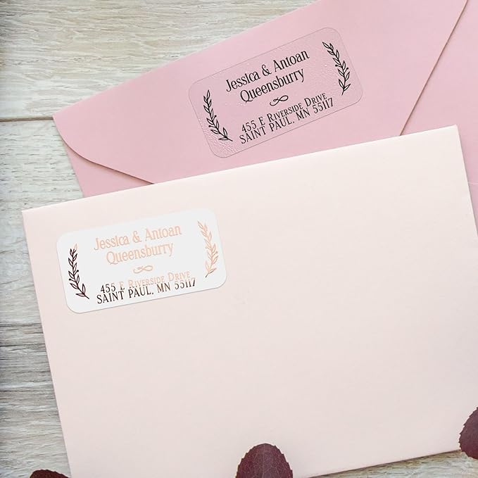 150 Personalized Return Address Labels with Laurel Design, Clear or White Custom Printed Address Stickers with Names & Address – Black, Gold, Rose Gold, Silver Text