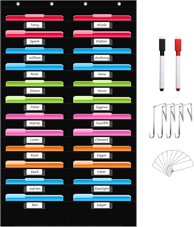 REGELETO 24 Pockets File Storage Pocket Chart with 24 Nametag Pockets, Hanging Wall File Organizer for Classroom and Office, Organize Your Assignments, Files, Scrapbooks, Paper (Black-24 pockets)