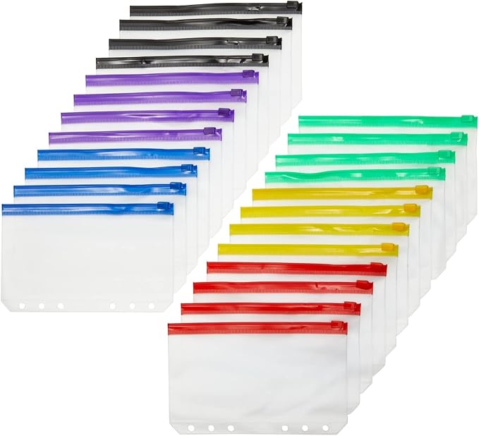 Okuna Outpost Pencil Pouch - A6, Clear Plastic, Double Zipper, 6-Hole, Multicolor, 24-Pack - Binder Pencil Pouches & Money Envelopes for Cash, Teacher Supplies