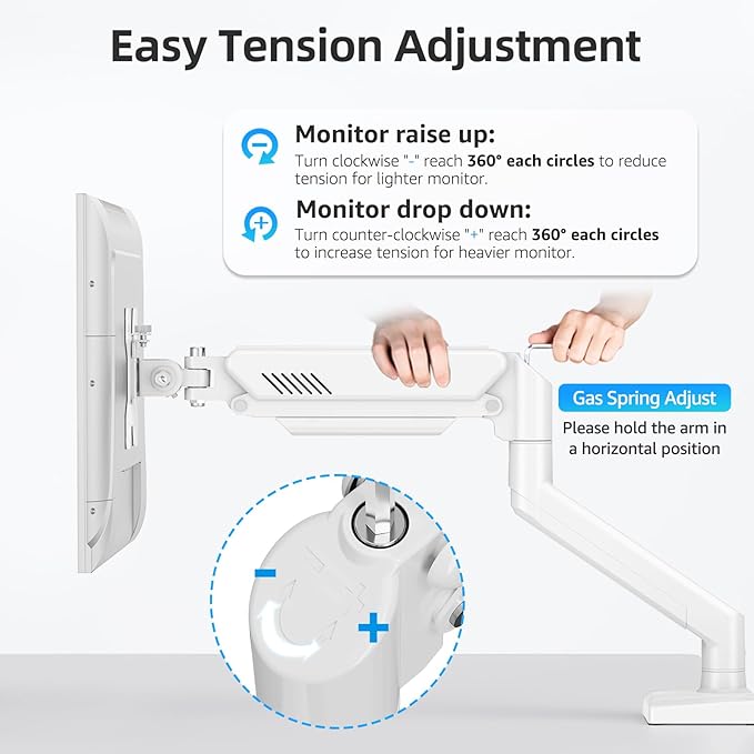 Monitor Arm for 13-32 inch Screens, Monitor Desk Mount, Adjustable Height, VESA Mount with Clamp & Grommet Bases, Freelift White