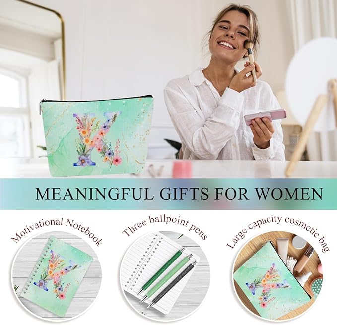 Personalized Gifts Monogrammed Birthday Gifts for Women, Soul Sister Bachelorette Party Wedding Christmas Initial 20 oz Tumbler, Makeup Bag Cup Pens Journal Notebook 6 Set, (Aesthetic Green Flower K)