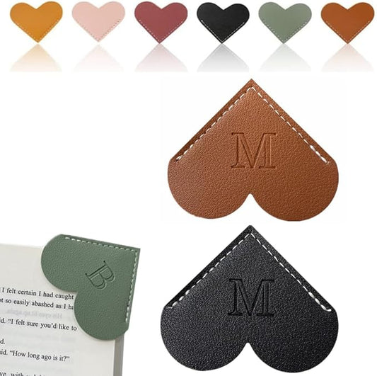 Personalized Leather Heart Bookmark, 26 Letters Customized Corner Book Mark for Reading Women, Book Marker with Initials，Cute Gifts (Black+Dark Brown, M)