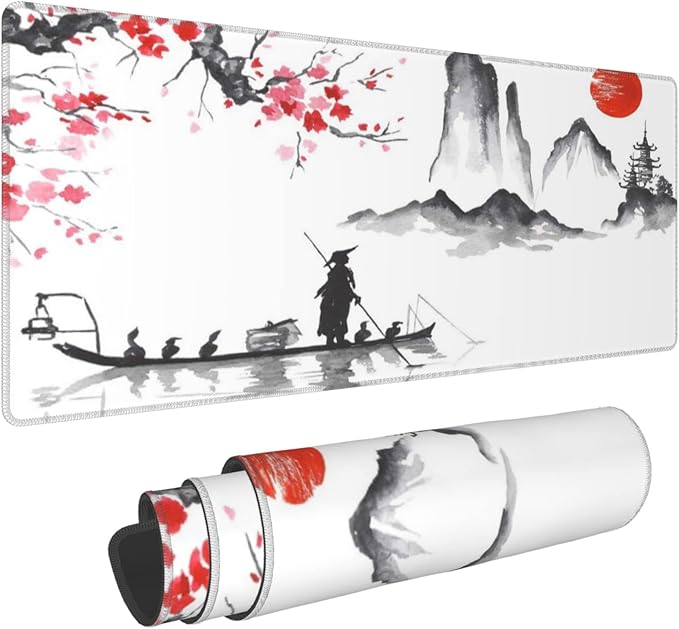 Japan Traditional Painting Extended Big Mouse Pad Large,XL Gaming Mouse Pad Desk Pad,31.5x11.8inch Long Computer Keyboard Mouse Mat Mousepad with 3mm Non-Slip Base for Home Office Work-Boating Sunset