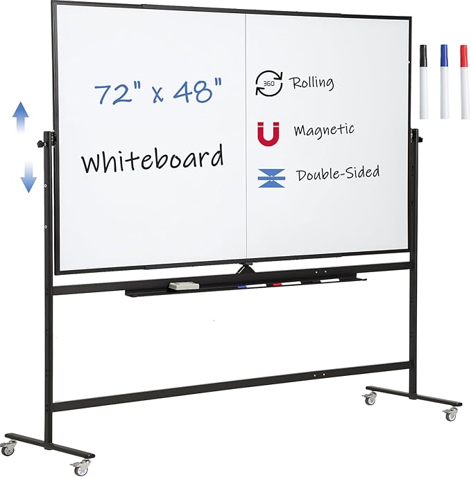 Large Magnetic Mobile Whiteboard 72"x48", Rolling Double Sided Stand Whiteboard on Wheels, Reversible Adjustable Height/Angle Dry Erase Board 6' x 4' Easel White Board for Office Classroom, Black