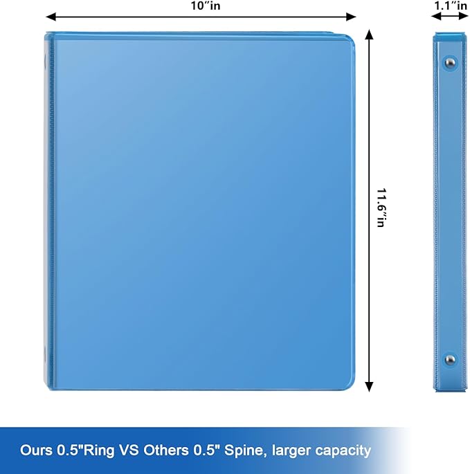 COMIX 3 Ring Binder 1/2 inch with Clear View Cover, 0.5" View Binder Holds 100 Sheets of US Letter Size Paper, 6 Pack (Light Blue)